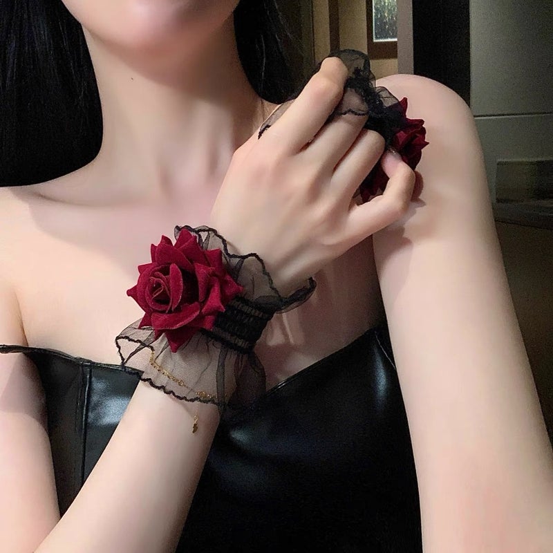 Silky Black Lace Stocking Gloves for Weddings A pair of red bracelets 