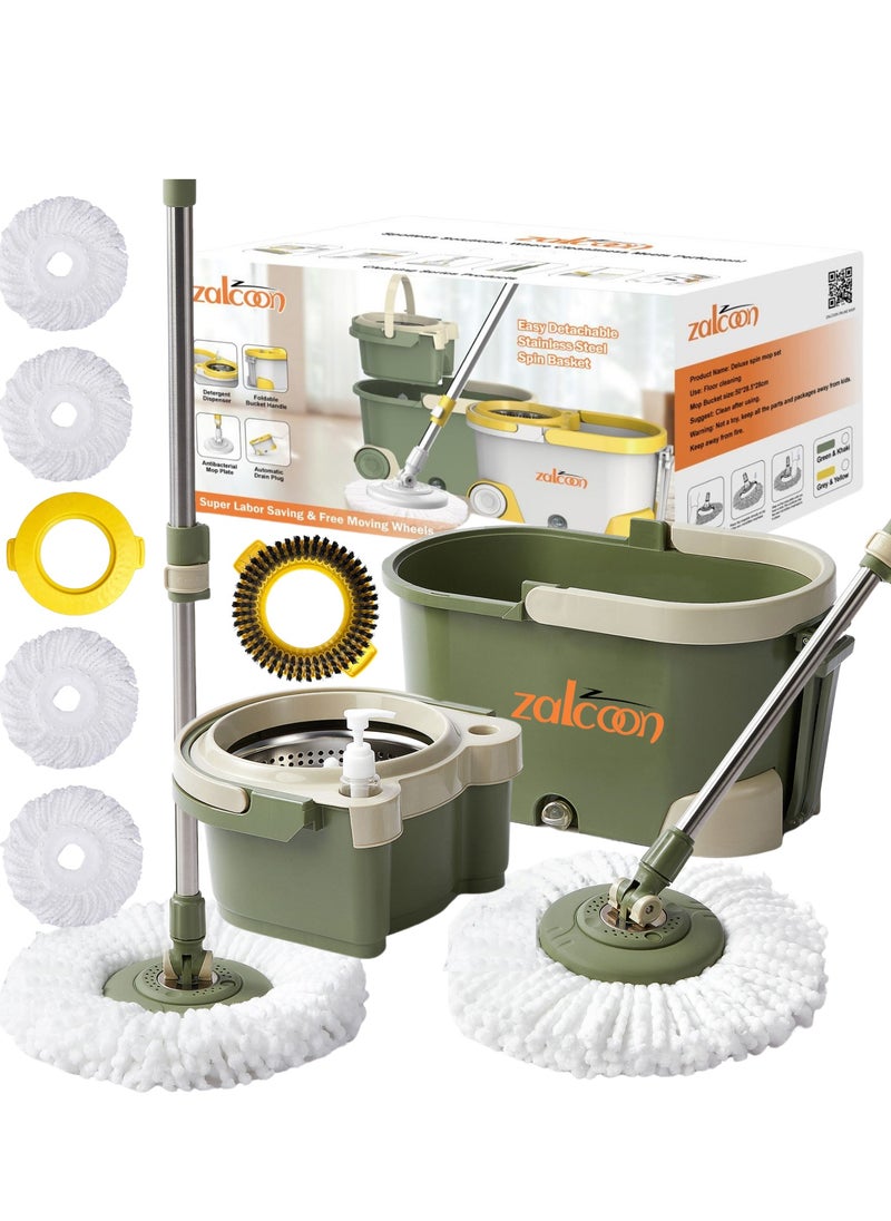 Zalcoon Spin Mop and Bucket with Wringer Set, Telescopic Handle for Floor Cleaning, 360° Spinning Mop Bucket with Extra Mop handle&Base, 4 Microfiber Mop Pads and One Scrub Brush (Olive Green)  - Image 1