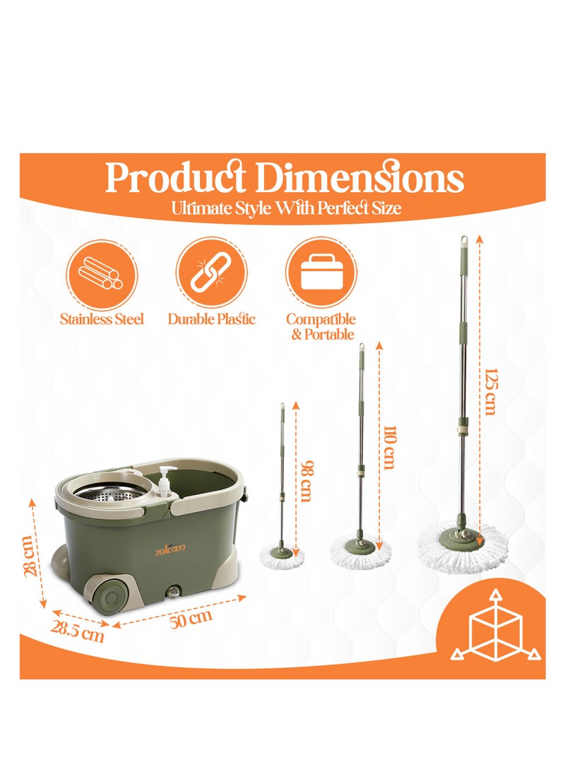Zalcoon Spin Mop and Bucket with Wringer Set, Telescopic Handle for Floor Cleaning, 360° Spinning Mop Bucket with Extra Mop handle&Base, 4 Microfiber Mop Pads and One Scrub Brush (Olive Green)  - Image 2