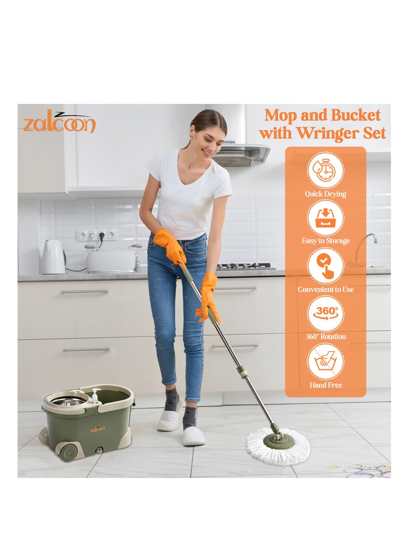 Zalcoon Spin Mop and Bucket with Wringer Set, Telescopic Handle for Floor Cleaning, 360° Spinning Mop Bucket with Extra Mop handle&Base, 4 Microfiber Mop Pads and One Scrub Brush (Olive Green)  - Image 3
