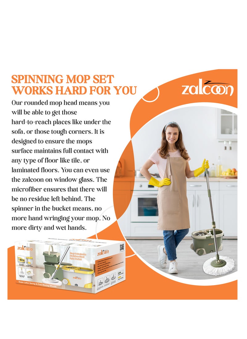 Zalcoon Spin Mop and Bucket with Wringer Set, Telescopic Handle for Floor Cleaning, 360° Spinning Mop Bucket with Extra Mop handle&Base, 4 Microfiber Mop Pads and One Scrub Brush (Olive Green)  - Image 4