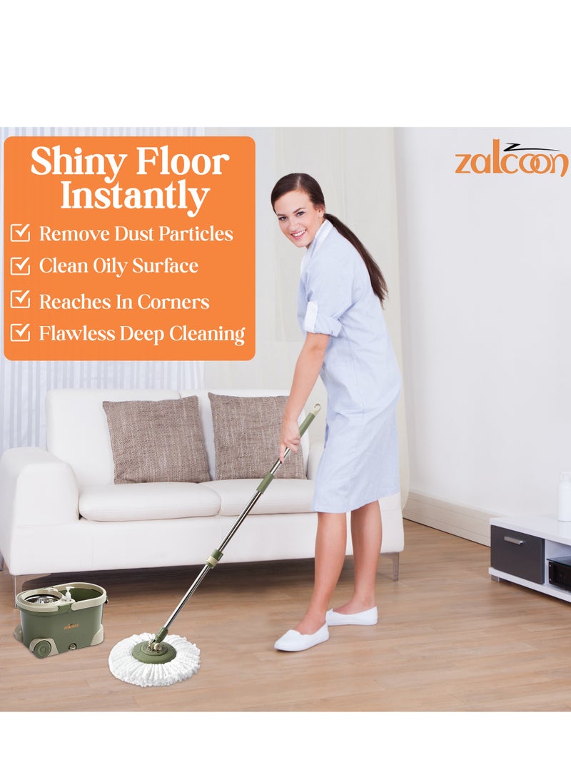 Zalcoon Spin Mop and Bucket with Wringer Set, Telescopic Handle for Floor Cleaning, 360° Spinning Mop Bucket with Extra Mop handle&Base, 4 Microfiber Mop Pads and One Scrub Brush (Olive Green)  - Image 5