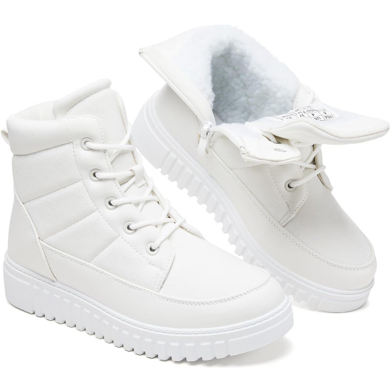 Shupua White Boots for Women Winter Ankle Boots Warm Combat Boot Waterproof Hiking Snow Booties with Zipper - Image 1