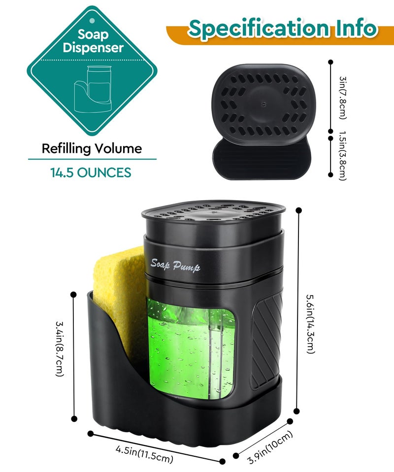 Eavida 3-in-1 Dish Soap Dispenser with Sponge Holder for Kitchen Sink(Includes One Sponge), Kitchen Soap Dispenser Set - Black - Image 5
