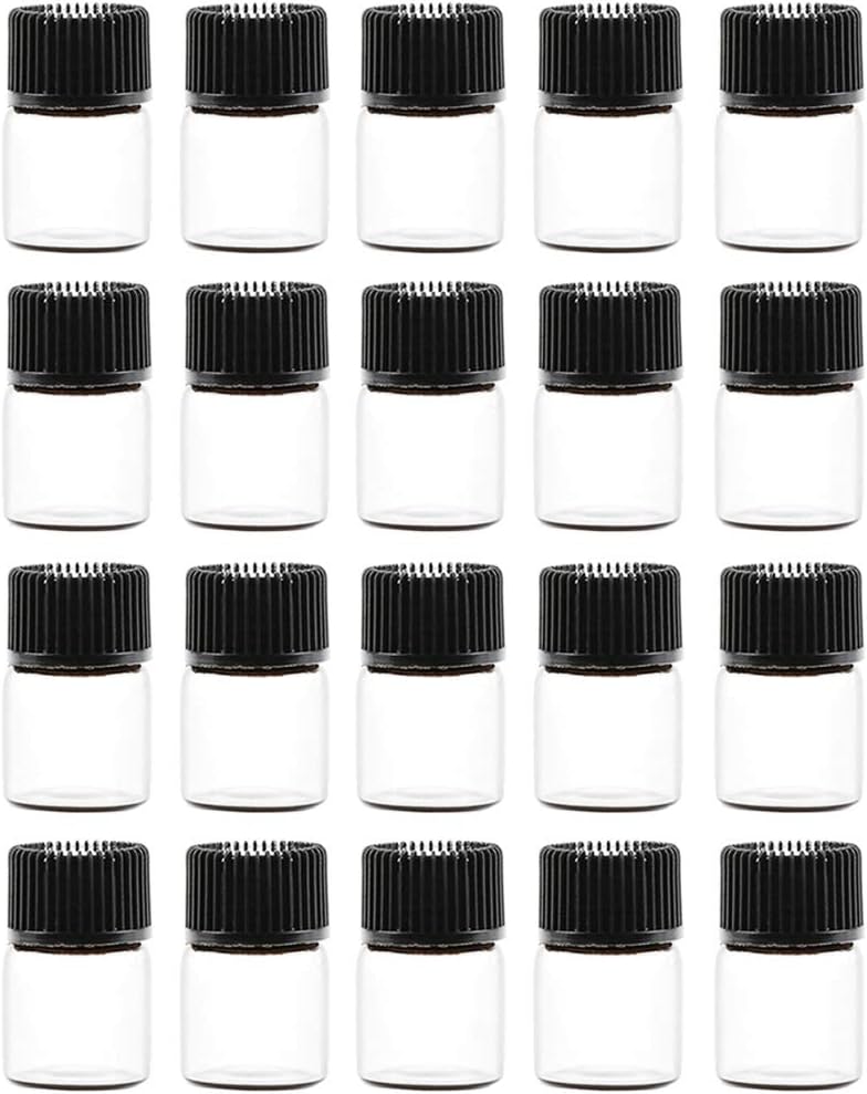 Teensery 20 Pcs 1ML Mini Glass Bottles Clear Essential Oil Vials Empty Cosmetic Sample Containers with Black Lid for Essential Oils, Perfumes, Aromatherapy (1 ML)