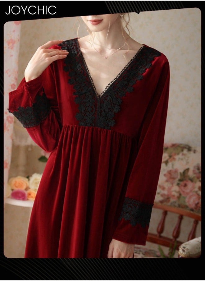 NIBEMINENT - French Style Lace Collar Women Pajamas Autumn and Winter Long Nightgown Gold Velvet Fabric Thick Warm Loungewear Wine Red - Image 1