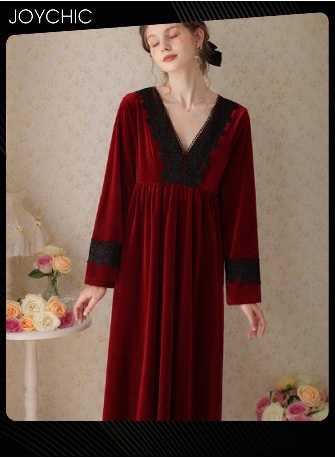 NIBEMINENT - French Style Lace Collar Women Pajamas Autumn and Winter Long Nightgown Gold Velvet Fabric Thick Warm Loungewear Wine Red - Image 1