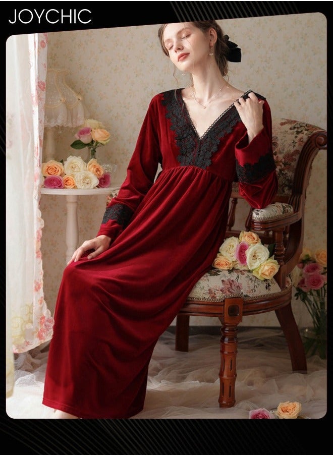 NIBEMINENT - French Style Lace Collar Women Pajamas Autumn and Winter Long Nightgown Gold Velvet Fabric Thick Warm Loungewear Wine Red - Image 1