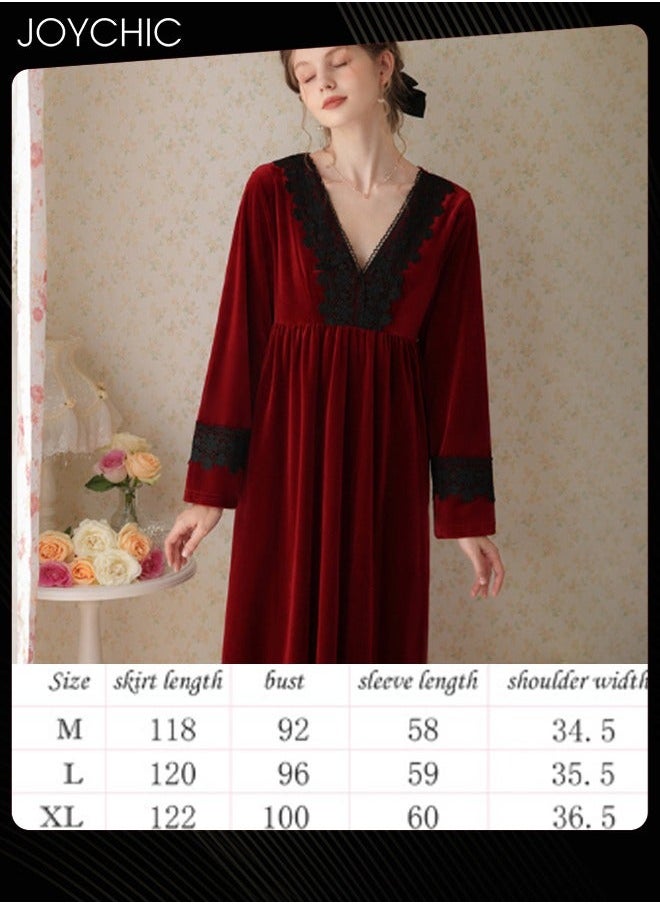 NIBEMINENT - French Style Lace Collar Women Pajamas Autumn and Winter Long Nightgown Gold Velvet Fabric Thick Warm Loungewear Wine Red - Image 1