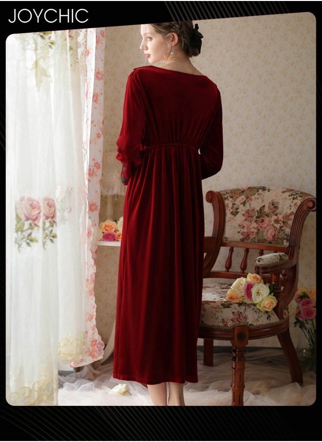 NIBEMINENT - French Style Lace Collar Women Pajamas Autumn and Winter Long Nightgown Gold Velvet Fabric Thick Warm Loungewear Wine Red - Image 1