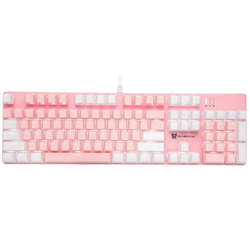 Mecool Mechanical Gaming Keyboard Wired White Backlit Keyboard Blue Switches Full Size 104 Keys US Layout-White and Pink - Image 1