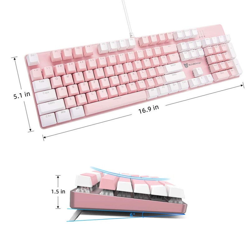 Mecool Mechanical Gaming Keyboard Wired White Backlit Keyboard Blue Switches Full Size 104 Keys US Layout-White and Pink - Image 2