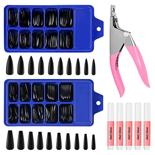 JOLLYSTYLE 200PCS Black Coffin Acrylic False Nail Tips with Nail Cutter Nail Tips Glue Pure Color Long Ballerina Acrylic Nail Set Full Cover Long Stiletto Coffin Nail Tips - Image 2