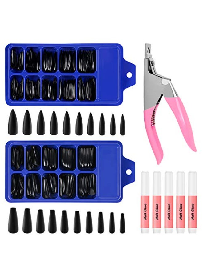 JOLLYSTYLE 200PCS Black Coffin Acrylic False Nail Tips with Nail Cutter Nail Tips Glue Pure Color Long Ballerina Acrylic Nail Set Full Cover Long Stiletto Coffin Nail Tips - Image 1