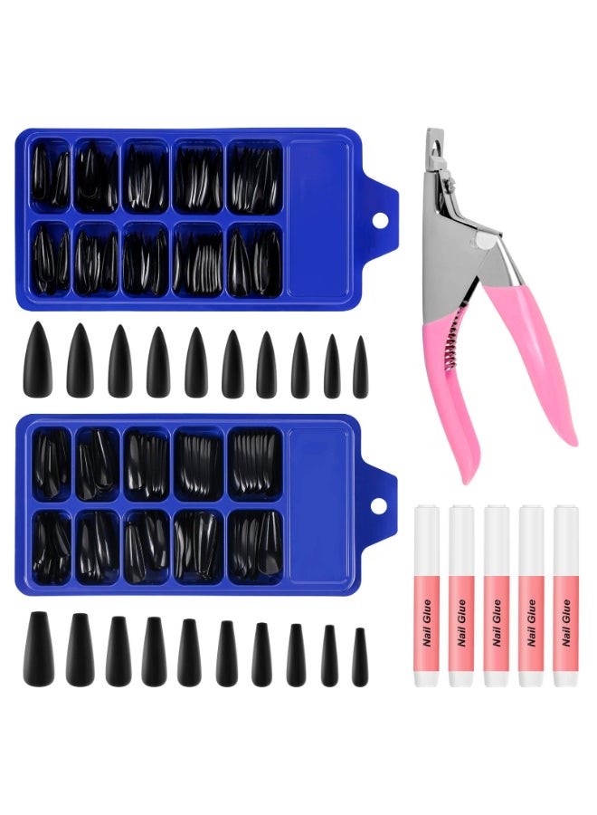 JOLLYSTYLE 200PCS Black Coffin Acrylic False Nail Tips with Nail Cutter Nail Tips Glue Pure Color Long Ballerina Acrylic Nail Set Full Cover Long Stiletto Coffin Nail Tips - Image 3