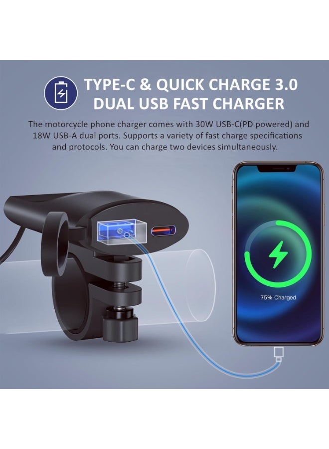 Panda Sports 12V-24V Dual USB Charger Socket Waterproof Motorcycle Charger, 30W PD USB C & Quick 3.0 Motorcycle USB Charger, with Power-Off Protection Adapter Charger for Phone, Tablet, GPS - Image 3