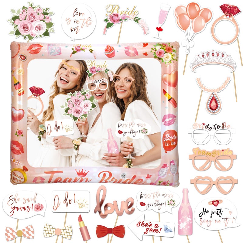 HOWAF 23pcs Rose Gold Hen Party Photo Booth Props  Giant Inflatable Team Bride Selfie Frame  Hen Night Do Party Games Accessories