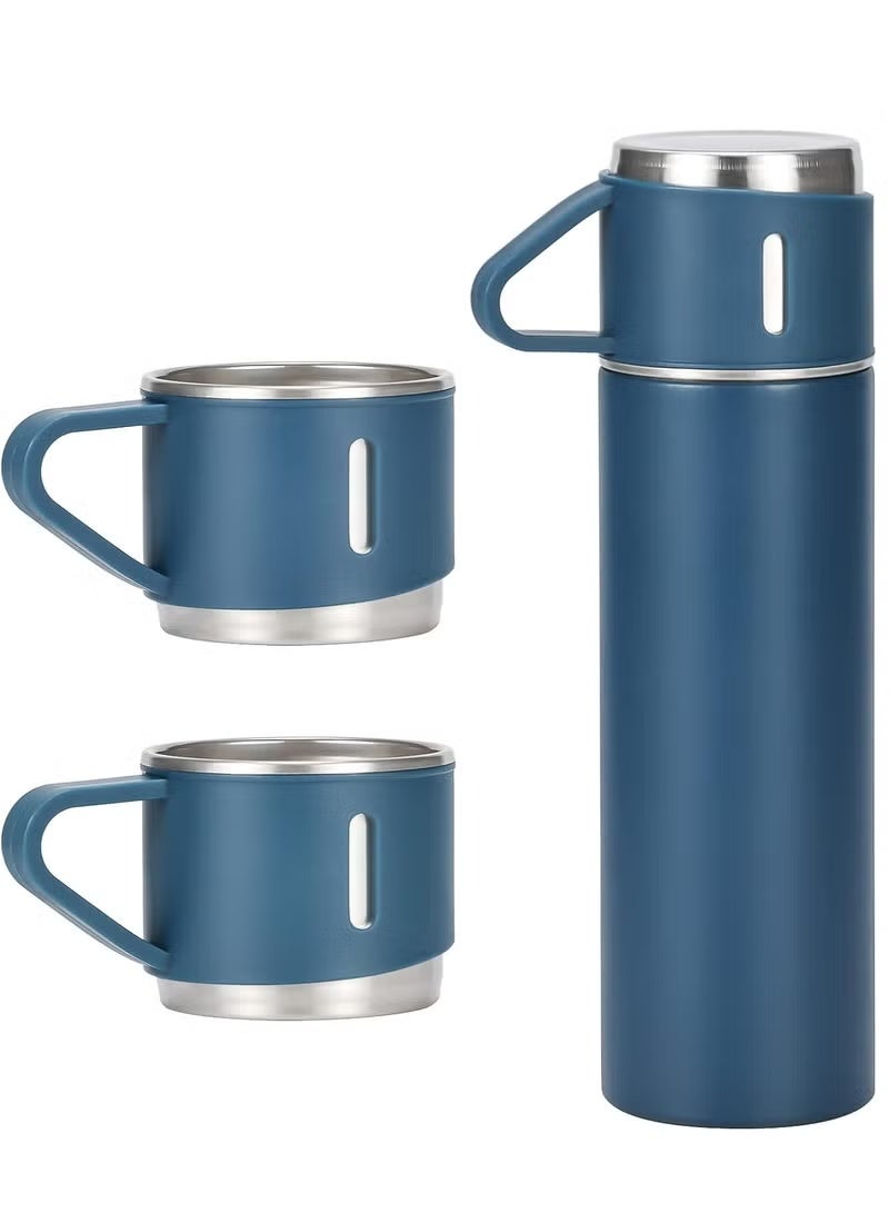 GENNEXT 500ml/17 OZ Stainless Steel Coffee Thermo Vacuum Flask Set, Insulated Water Bottle with Three Cup for Hot and Cold Drinks, Blue - Image 1