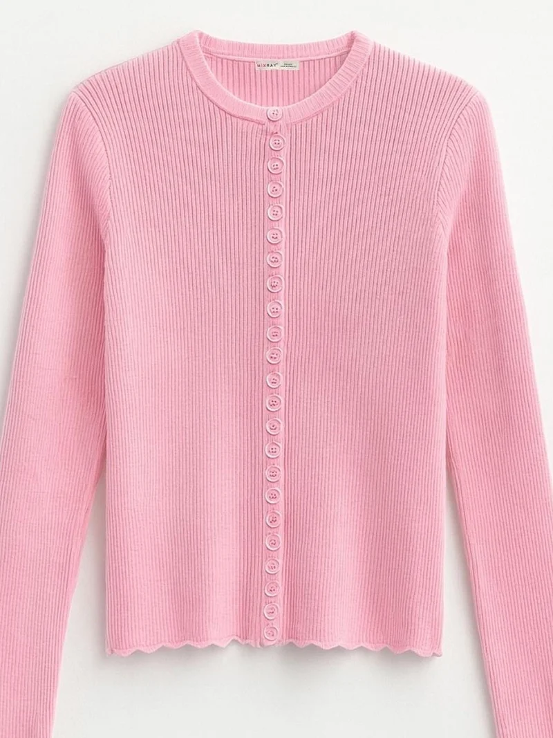 Mixray Powder Pink MIXRAY Ribbed Knit Buttoned Cardigan for Women | Best Price UAE
