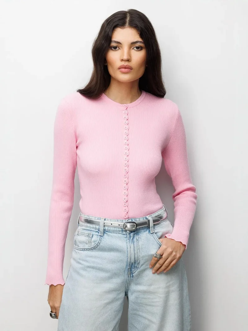 Mixray Powder Pink MIXRAY Ribbed Knit Buttoned Cardigan for Women | Best Price UAE