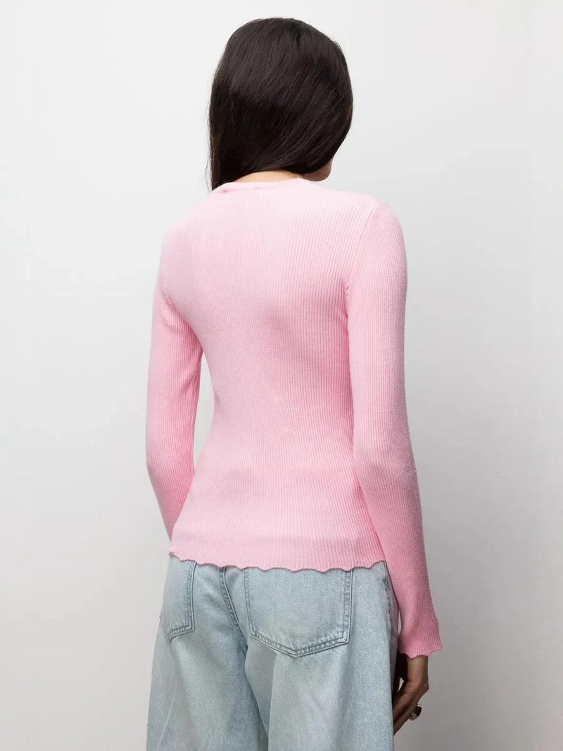 Mixray Powder Pink MIXRAY Ribbed Knit Buttoned Cardigan for Women | Best Price UAE