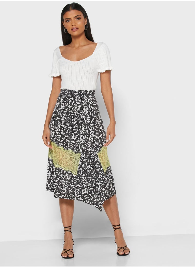 LOST INK - Floral Print Lace Trim Skirt - Image 1