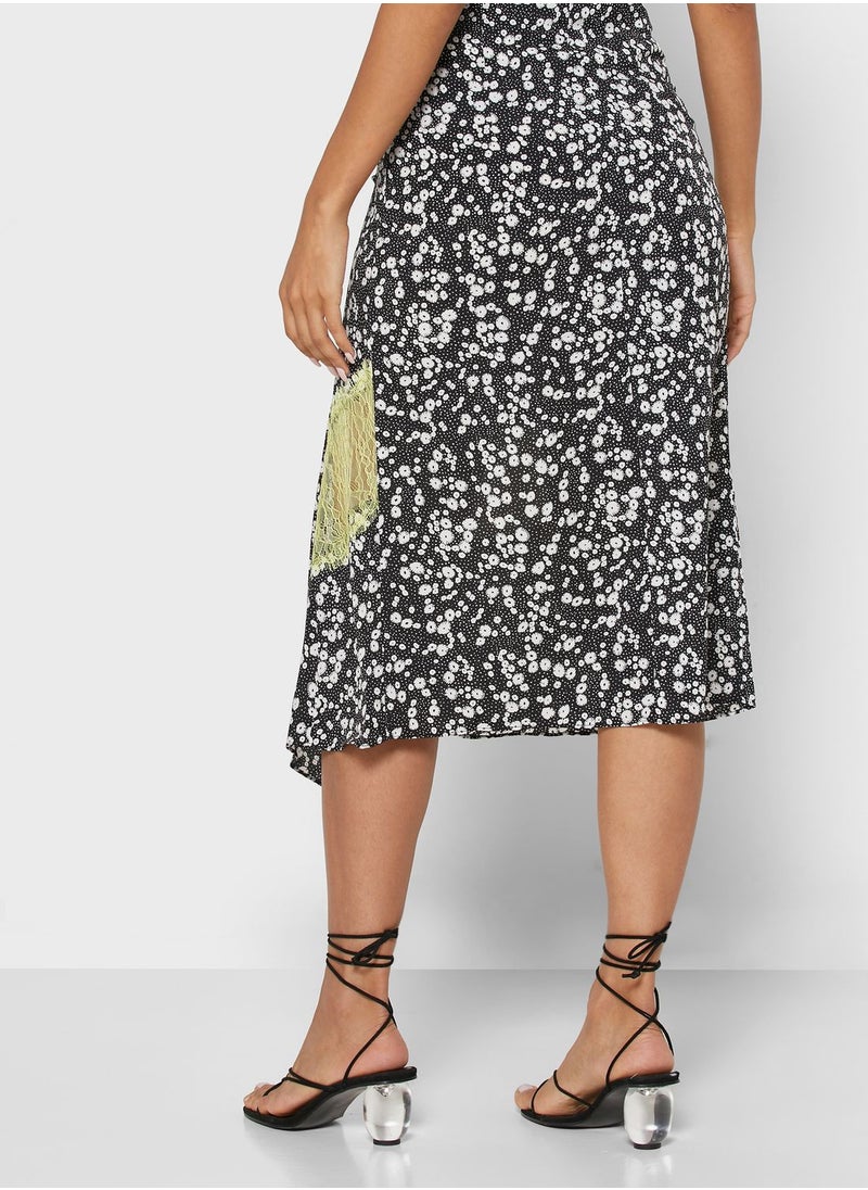 LOST INK - Floral Print Lace Trim Skirt - Image 1