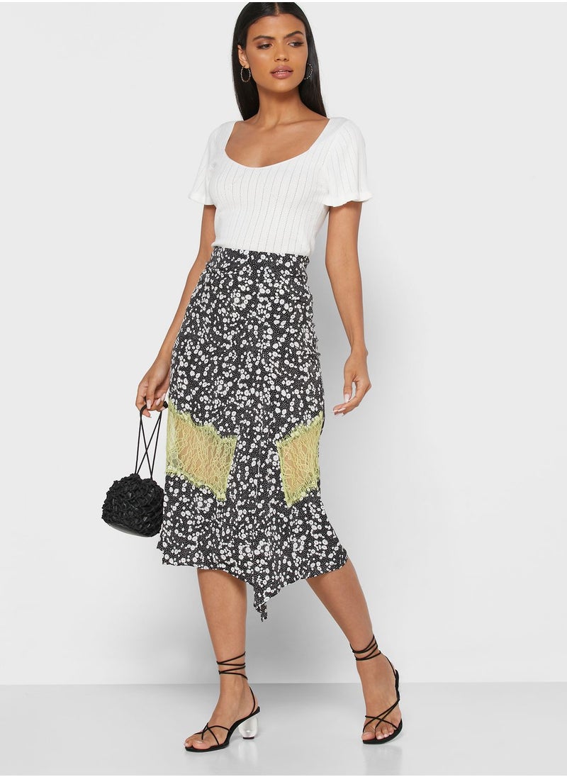 LOST INK - Floral Print Lace Trim Skirt - Image 1