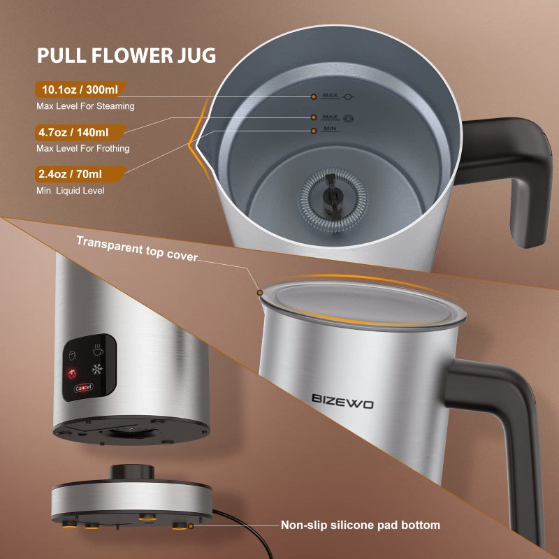 BIZEWO BIZEWO Milk Frother Electric, Coffee Frother, Warm and Cold Milk Foamer, 4 IN 1 Automatic Milk Warmer Stainless Steel with Touch Screen, Frother for Coffee, Latte, Hot Chocolate  - Image 5