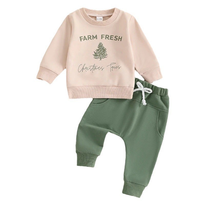 Foreign trade children''s Christmas suit 2024 autumn Christmas tree printing long sleeve sweater pants two-piece set - Image 1
