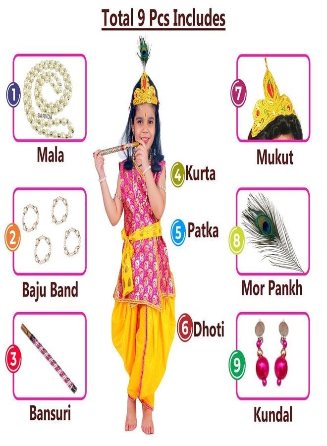 Sarvda Brocade Shree Krishna Dress For Baby Boy & Radha Dress For Girls | Janamashtami Dress | Fancy Dress Costume With Accessories Dhoti, Dupatta, Mukut Flute Complete Set, Ethnic Wear - Image 3
