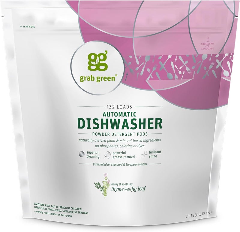 Grab Green Automatic Dishwasher Detergent Pods - 132 Loads, Thyme with Fig Leaf, Organic Enzyme-Powered, Plant & Mineral-Based - Image 1