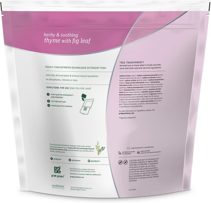 Grab Green Automatic Dishwasher Detergent Pods - 132 Loads, Thyme with Fig Leaf, Organic Enzyme-Powered, Plant & Mineral-Based - Image 2