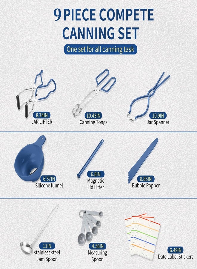 Gemfino Canning Supplies Starter Kit,Canning Kit for Beginners of 9 with Jar Lifter，Wide Mouth Funnel,Wrench,Tongs,Lid Lifter,Bubble Popper,Canning Labels,ladle,Measuring Spoon-Blue - Image 2
