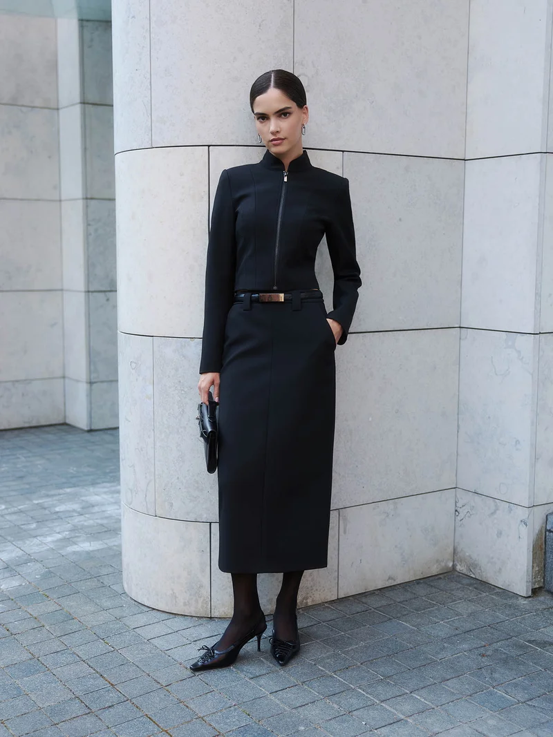 Lichi  Straight midi skirt with eco-leather belt for Women | Best Price UAE