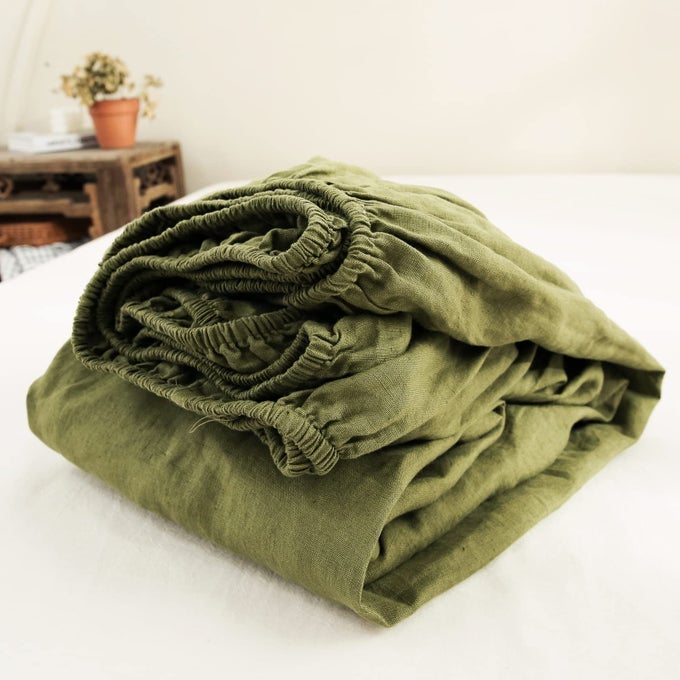 100 LINEN FITTED SHEET STONE WASHED SOLID COLOR 1 PIECE 14 INCH DEEP POCKET MATTRESS COVER SOFT NATURAL BREATHABLE FARMHOUSE OLIVE KING SIZE