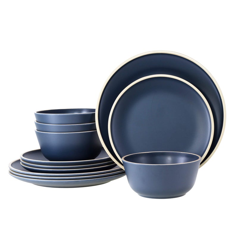Gufaith Melamine Dinnerware Sets for 4 Plates and Bowls Sets 12 Pcs Melamine Plates Nautical Dinnerware Sets Modern StyleDishwasher Safe BPA Free Suitable Indoor and Outdoor Use Deep Blue