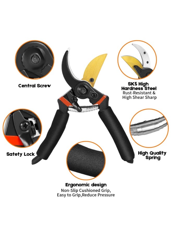 Professional Bypass Pruning Shears with Micro-Tip Scissors Set, Sharp Stainless Steel Blades for Garden Plant Tree Care - Black / Red Matte - Image 3