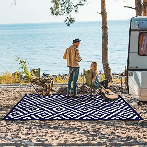 GENIMO 5x8 Outdoor Rug Waterproof, Reversible Mats, Area Rug, Plastic Outside Carpet, Geometric Rv Mat for Patio Camping Picnic Backyard Deck Balcony Porch Beach Trailer (Navy Blue & White) - Image 3