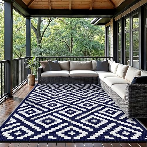 GENIMO 5x8 Outdoor Rug Waterproof, Reversible Mats, Area Rug, Plastic Outside Carpet, Geometric Rv Mat for Patio Camping Picnic Backyard Deck Balcony Porch Beach Trailer (Navy Blue & White) - Image 2
