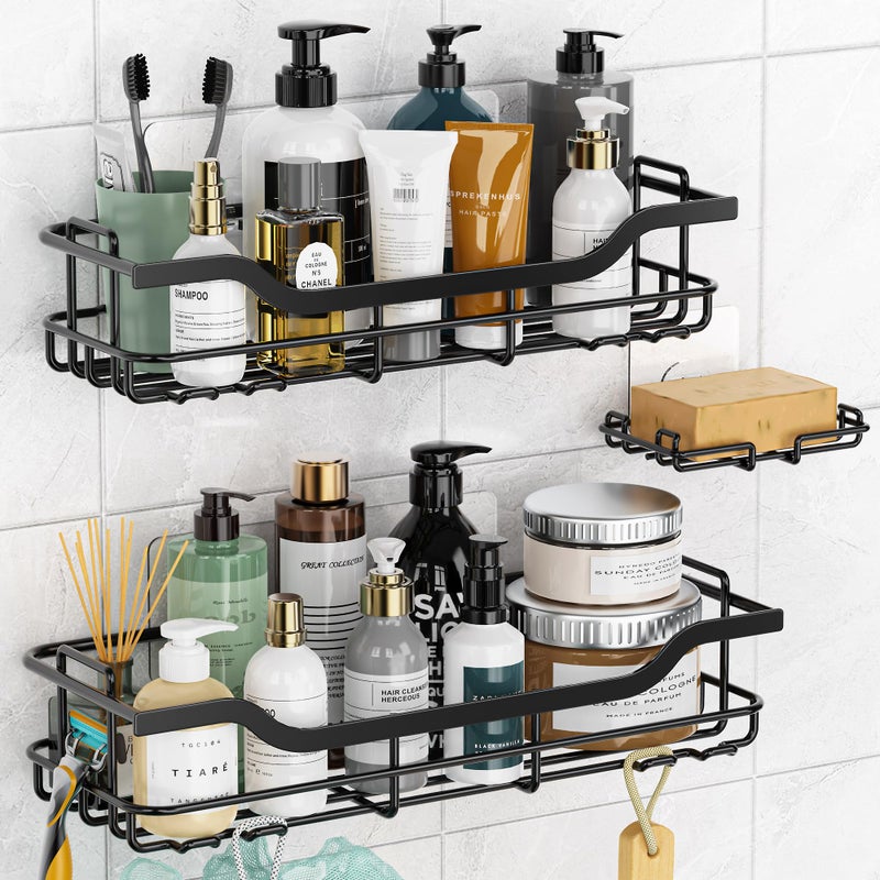 OMAIRA 3Pack Shower Caddy with Soap Holder Adhesive Rustproof Nodrill Strudy Loading Inside Shower Organizer Shelves Rack Storage Bathroom Organization for Smooth Wall Glass Tile Black Large