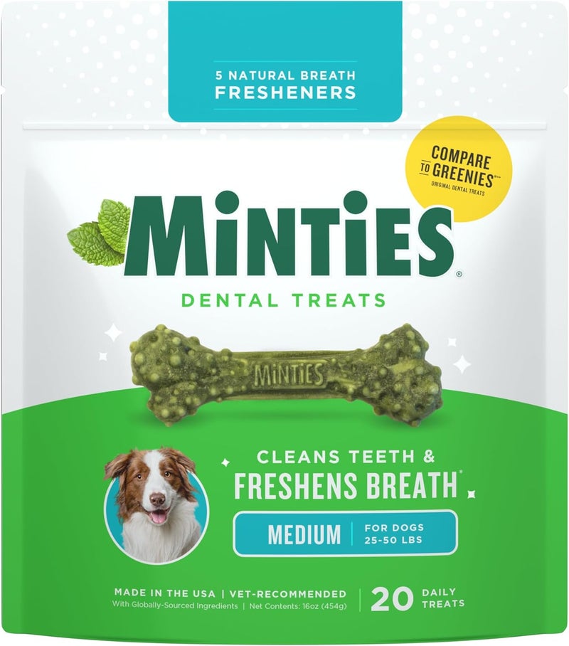 Minties Dental Chews for Dogs, 20 Count, Vet-Recommended Mint-Flavored Dental Treats for Medium Dogs 25-50 lbs, Dental Bones Clean Teeth, Fight Bad Breath, and Removes Plaque and Tartar - Image 1