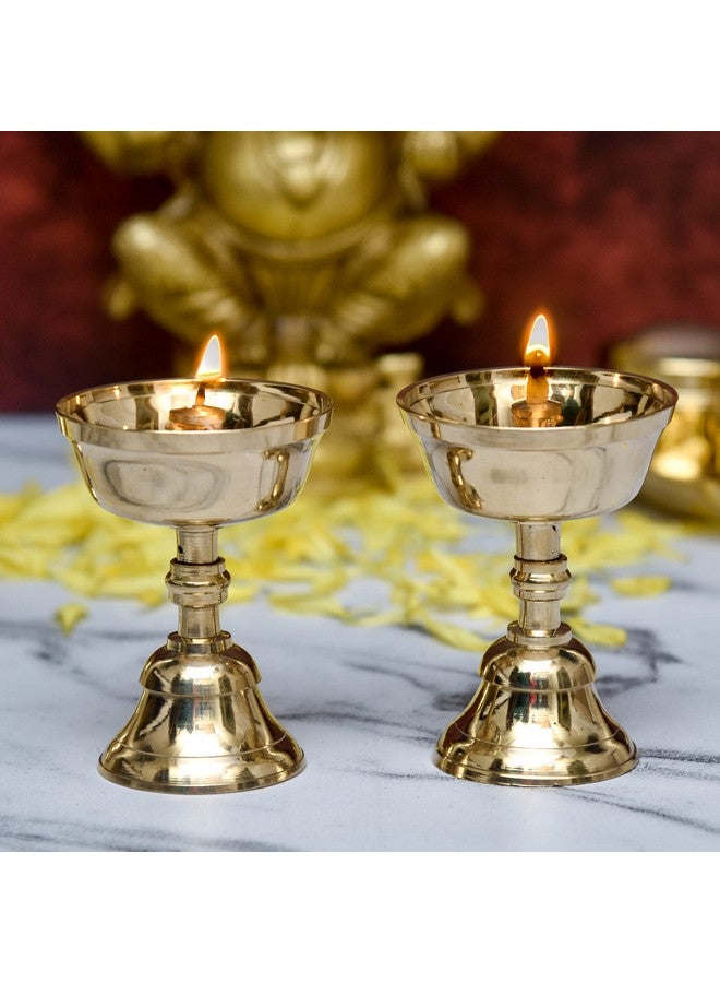 Bhimonee Decor حامل بيالي أكهند جيوتي من برونز نقي من بيموني - ديا ناندا لطاولة للعبادة وبيت العبادة (3.2 بوصة، عبوة من 2) - Image 1