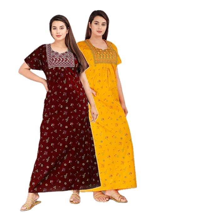 KBNBJ Women's Cotton Jaipuri Nighty Gown Pack of 2 – Rajasthani Print Maxi Dress Sleepwear with Pocket Night Dress for Ladies – Soft & Comfortable Loungewear (Combo#5, Free Size) - Image 1