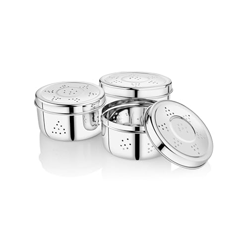 EMBASSY Stainless Steel Hole Puri Box/Container with Air Ventilation | Set of 3 | Capacity - 550,675,900 ml | Sprout Maker Box | Coriander Storage Box for Fridge - Image 1