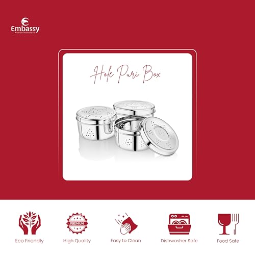 EMBASSY Stainless Steel Hole Puri Box/Container with Air Ventilation | Set of 3 | Capacity - 550,675,900 ml | Sprout Maker Box | Coriander Storage Box for Fridge - Image 2