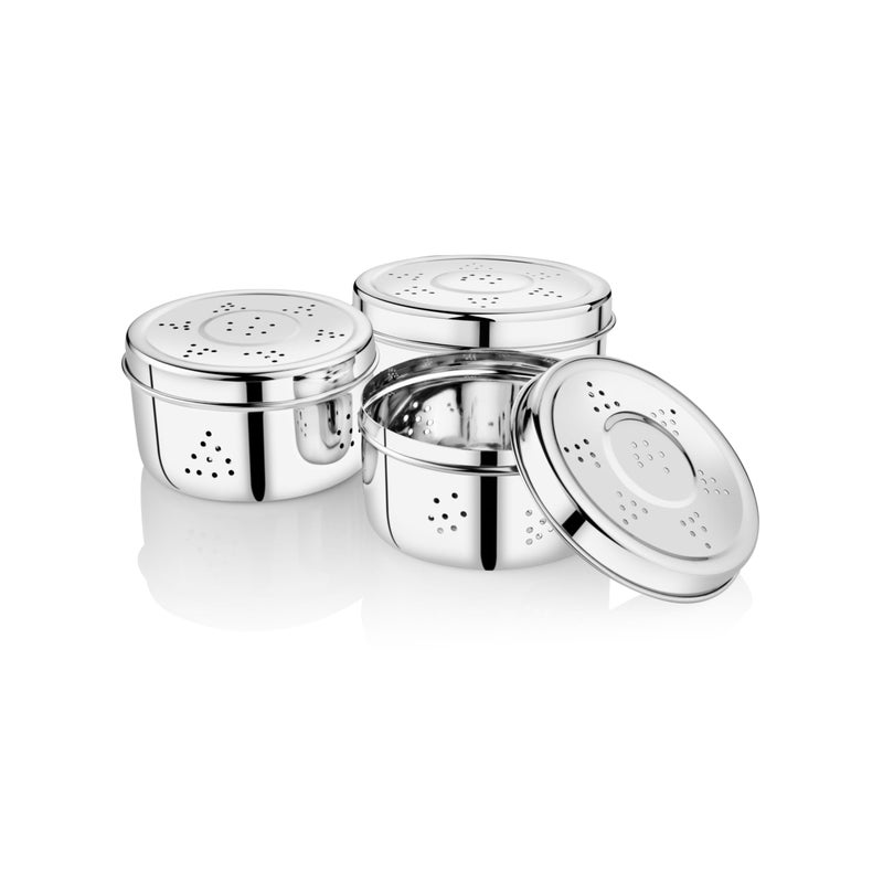 EMBASSY Stainless Steel Hole Puri Box/Container with Air Ventilation | Set of 3 | Capacity - 550,675,900 ml | Sprout Maker Box | Coriander Storage Box for Fridge - Image 4