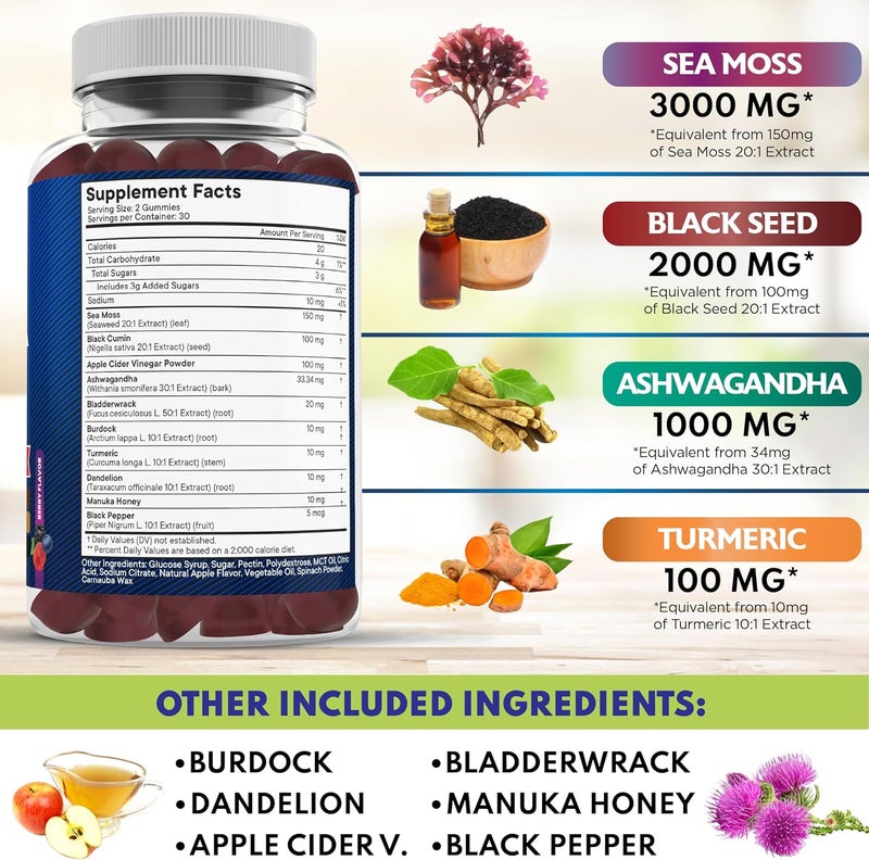 New Age Sea Moss Gummies Sea Moss Black Seed Ashwagandha Turmeric Manuka Honey ACV Dandelion Black Pepper Burdock Bladderwrack Vegan  120 Count - Image 3