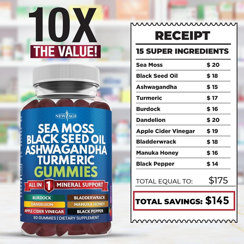 New Age Sea Moss Gummies Sea Moss Black Seed Ashwagandha Turmeric Manuka Honey ACV Dandelion Black Pepper Burdock Bladderwrack Vegan  120 Count - Image 5