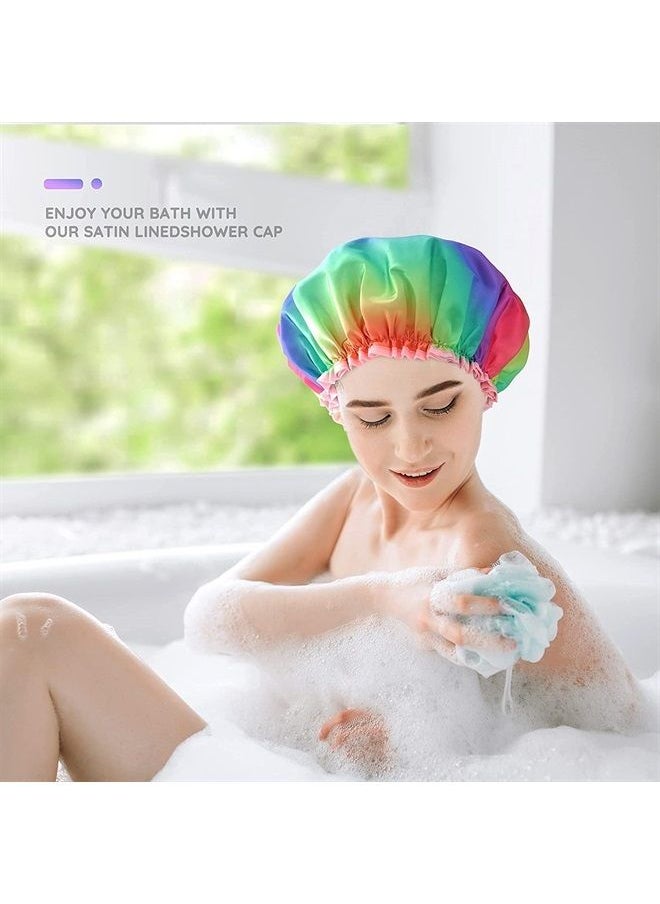 mikimini Shower Cap for Women Long Hair, Double Layer Waterproof, Large size, Reusable, Washable, No Smell, Rainbow Fashion Shower Cap X-Large (Pack of 1) Rainbow  - Image 2